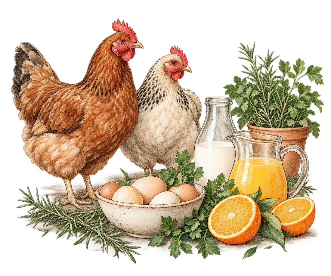 Sketched hens, eggs, herbs, a milk bottle and an orange-juice jug