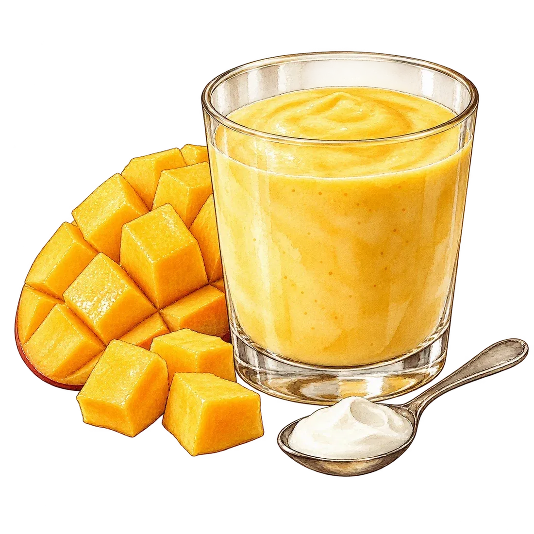 Sketch of a mango smoothie with mango pieces and a spoon of yoghurt.
