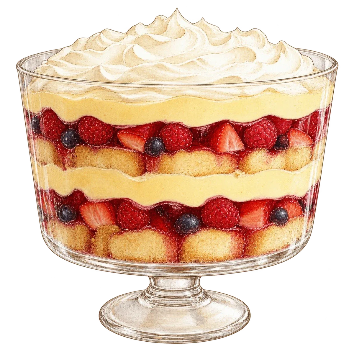 Sketch of a glass Christmas trifle bowl with repeated sponge, fruit, red jelly and custard layers beneath whipped cream.