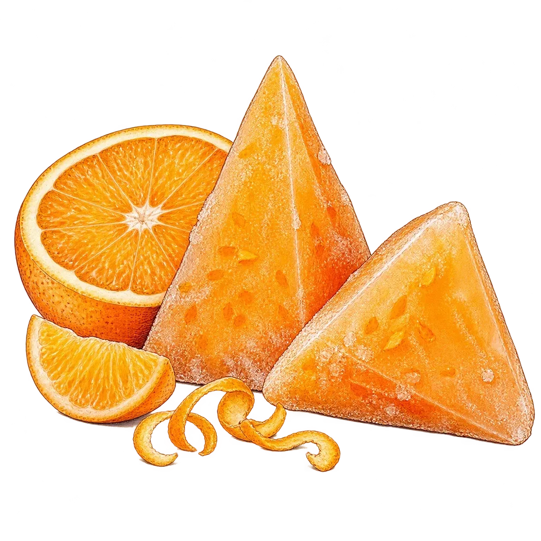 Sketch of triangular orange ice blocks beside a fresh orange half, a segment and curls of zest.