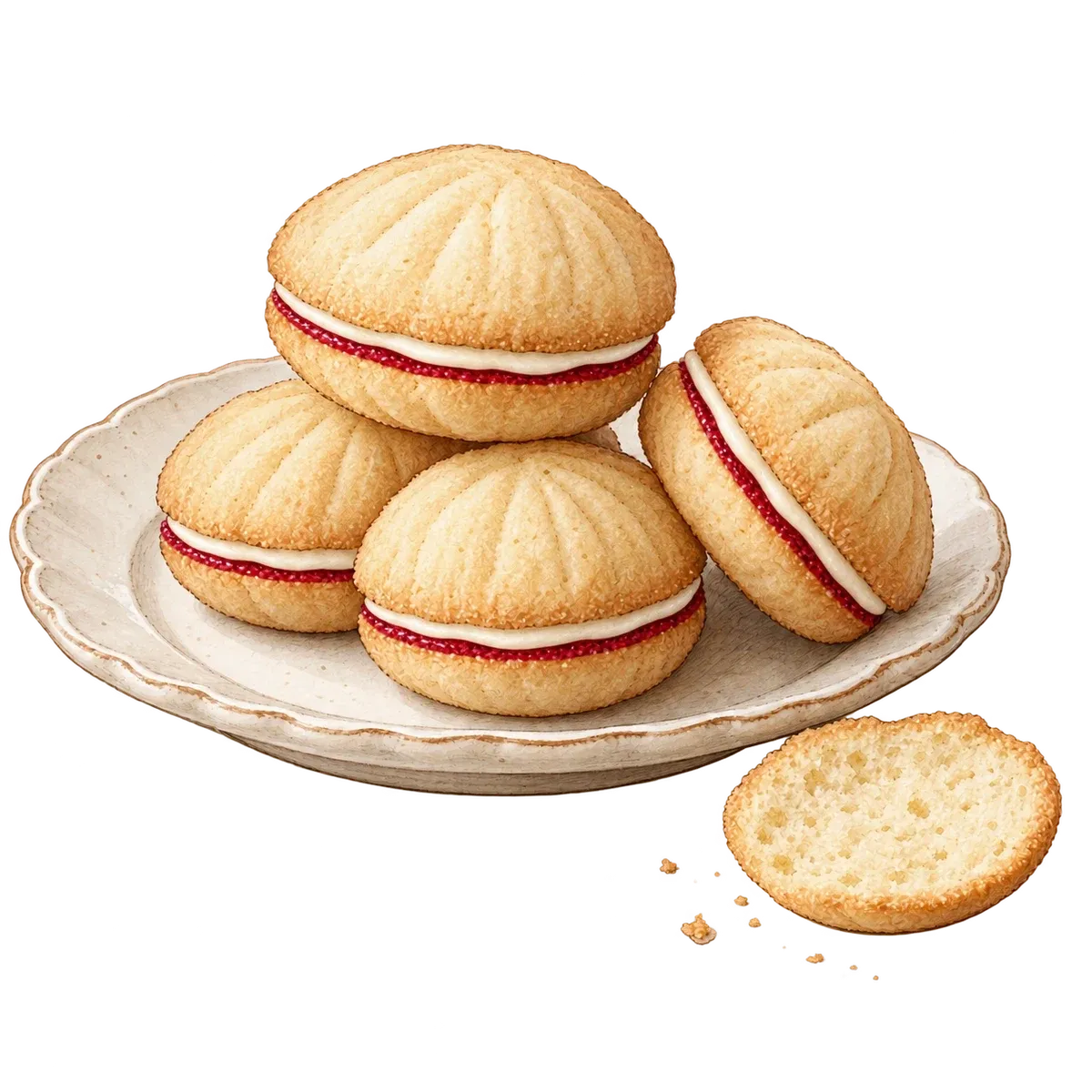 Sketch of pale golden cockle sandwich biscuits with thin red jam and vanilla buttercream layers on an ivory plate.