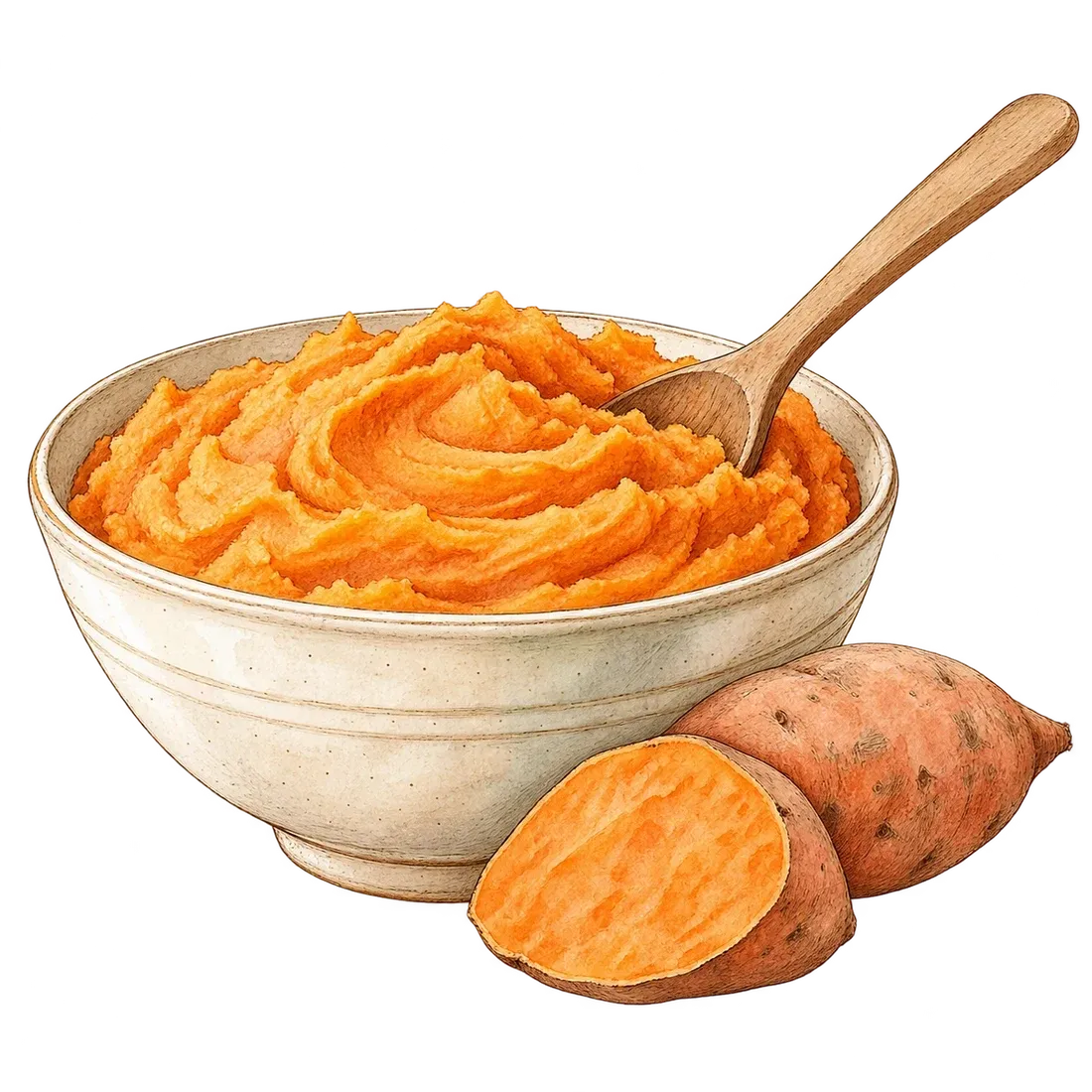 Sketch of orange sweet potato mash in a ceramic bowl with a wooden spoon and a cut sweet potato.