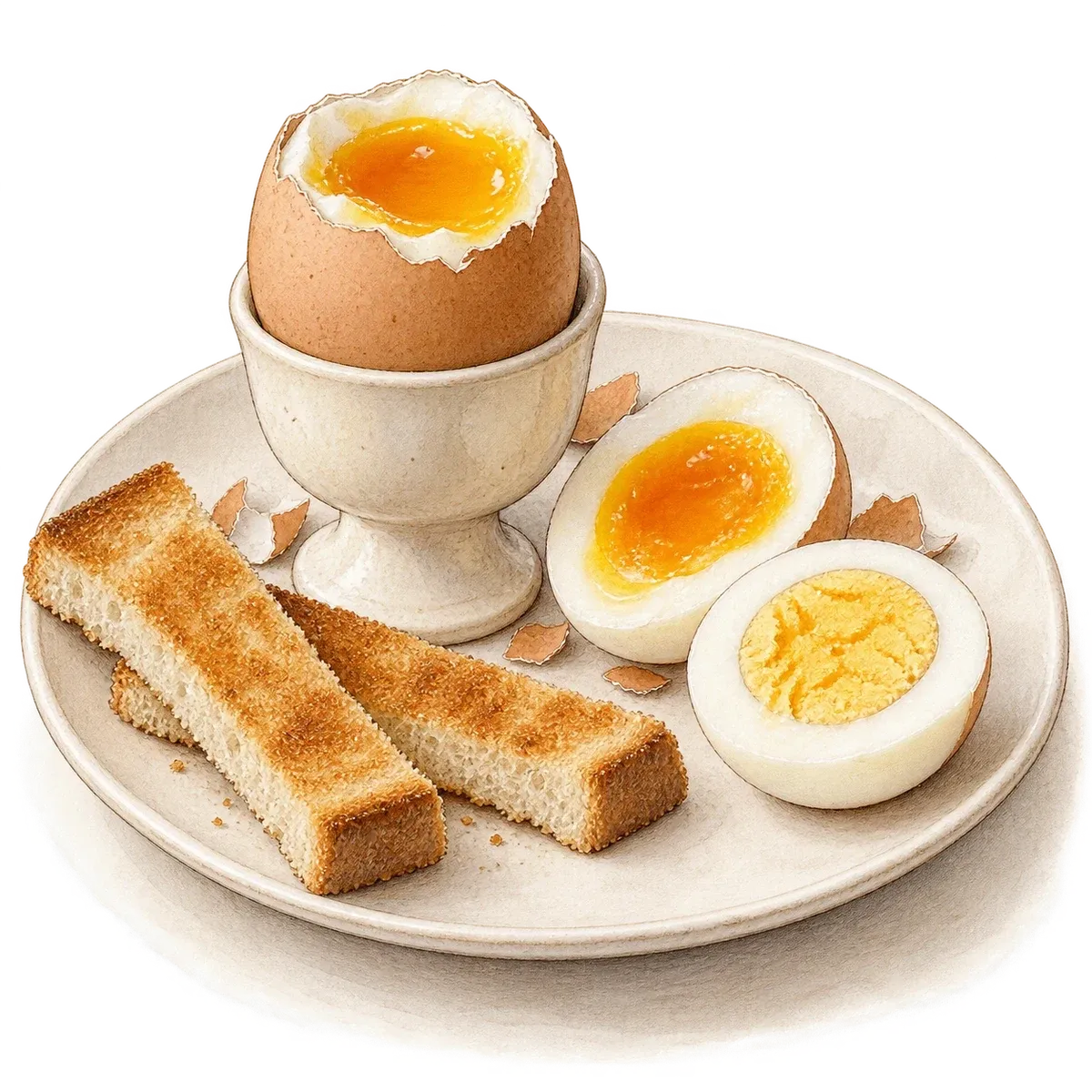 Sketch of a soft egg in an egg cup, medium and hard egg halves, and toast soldiers on an ivory plate.