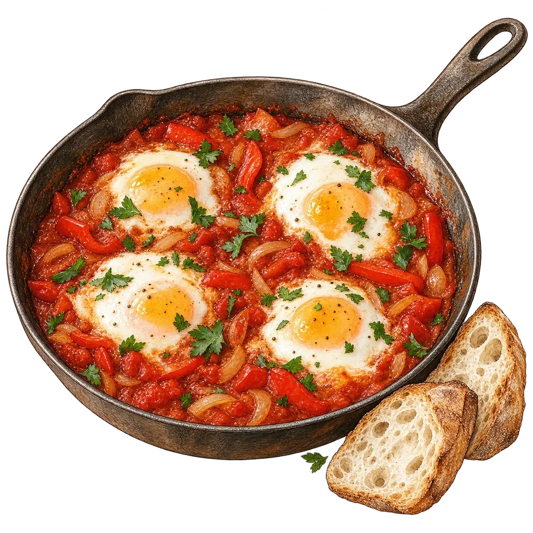 Sketch of four eggs poached in tomato and capsicum sauce in a pan, with parsley and crusty bread.